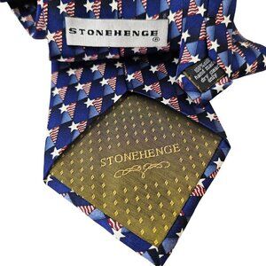 Stonehenge Red White on Blue Silk Tie Patriotic Theme 4"W x 60" Hand Made VTG